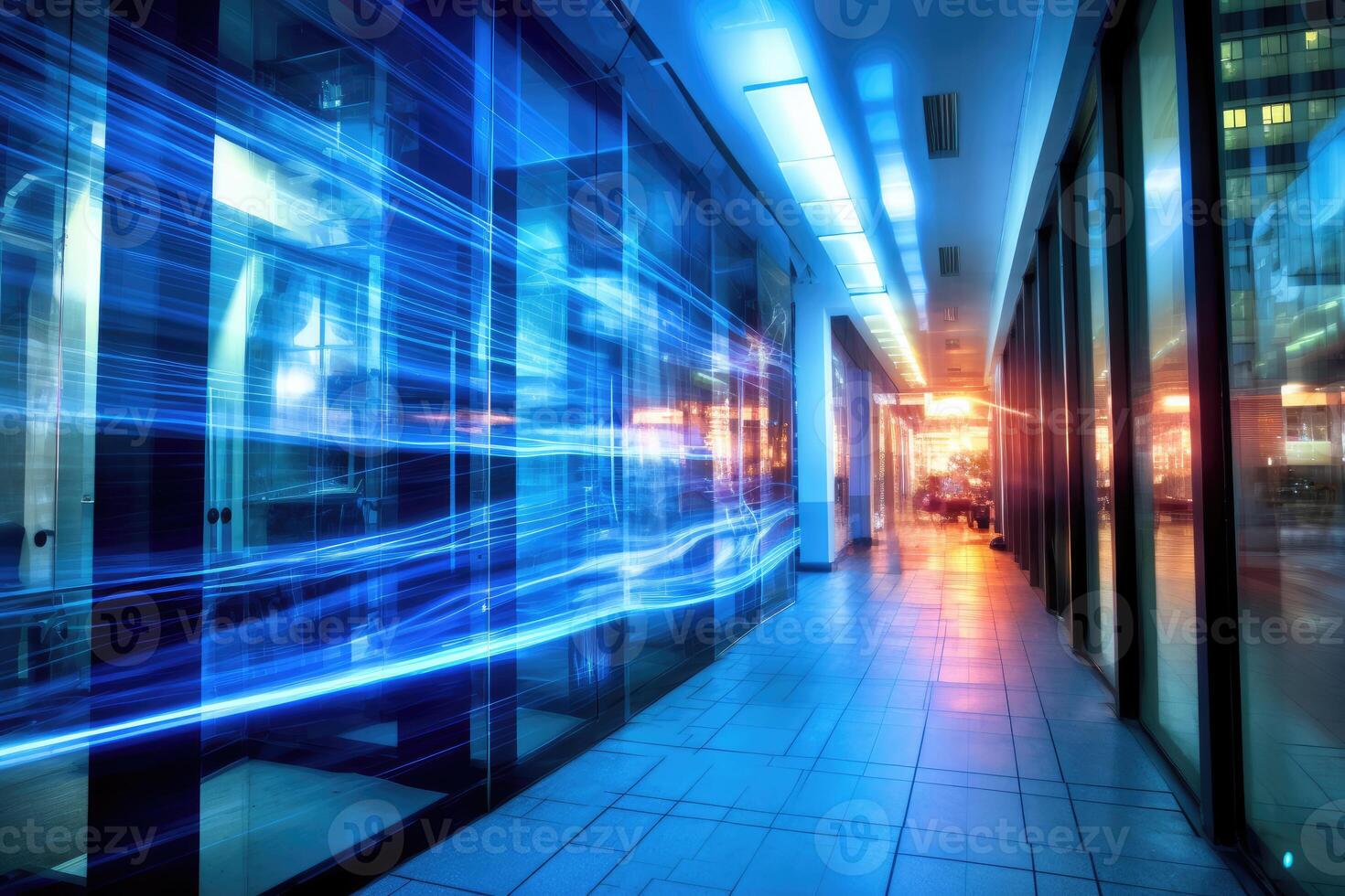 A dynamic shot capturing the flurry of digital networks inside a modern office. photo
