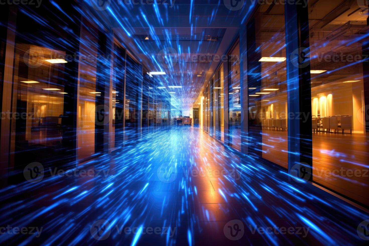A dynamic shot capturing the flurry of digital networks inside a modern office. photo