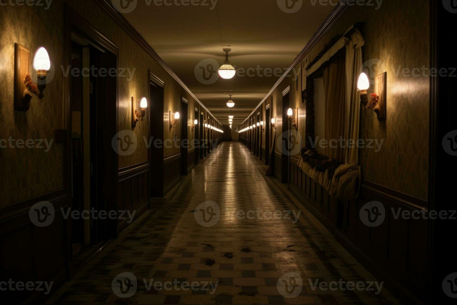 An atmospheric shot of a long, dimly lit hallway adorned with vintage Halloween decorations. Generative AI photo