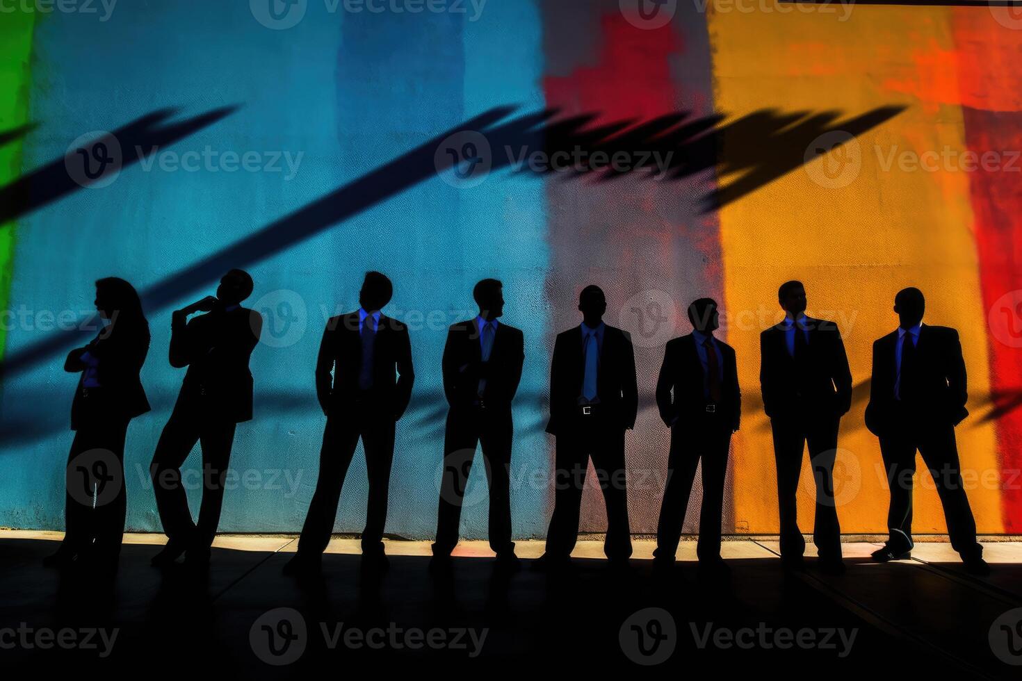 A diverse group of business professionals standing against a vibrant, colorful graffiti wall. photo