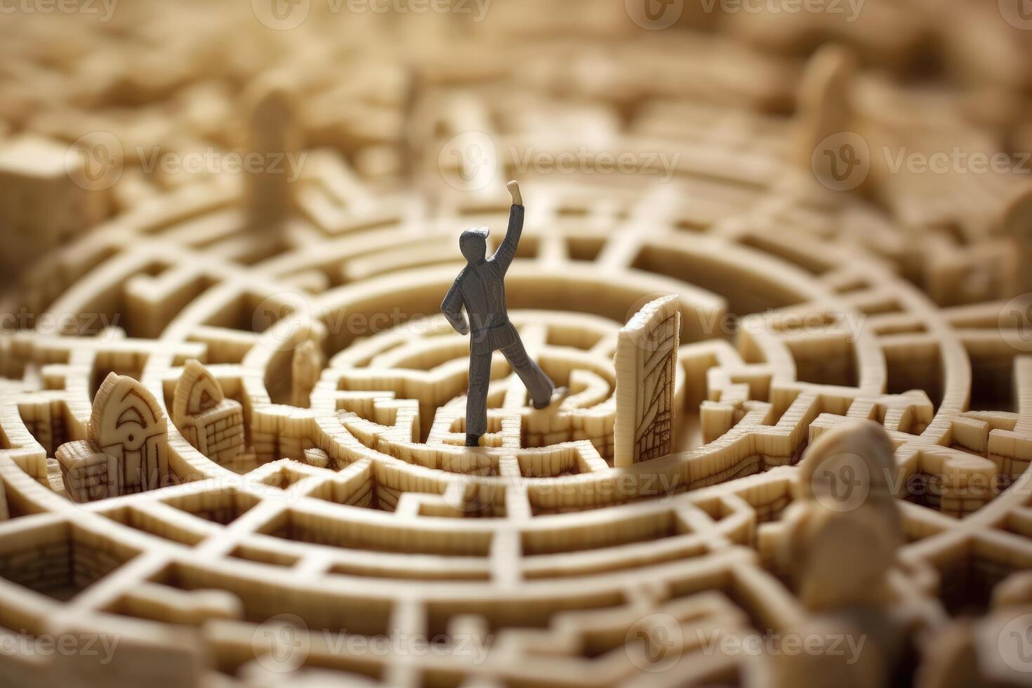 A miniature figure attempting to find their way through a life - sized labyrinth etched on a globe. photo