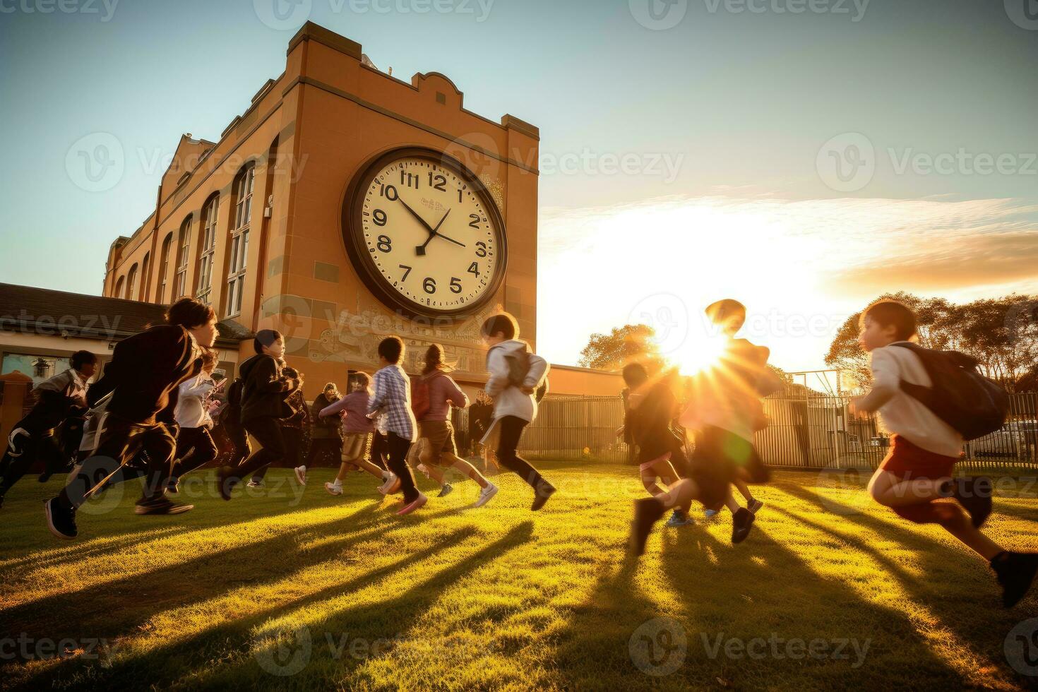 un masivo alarma reloj en un patio con niños ansiosamente corriendo hacia él. generativo ai foto