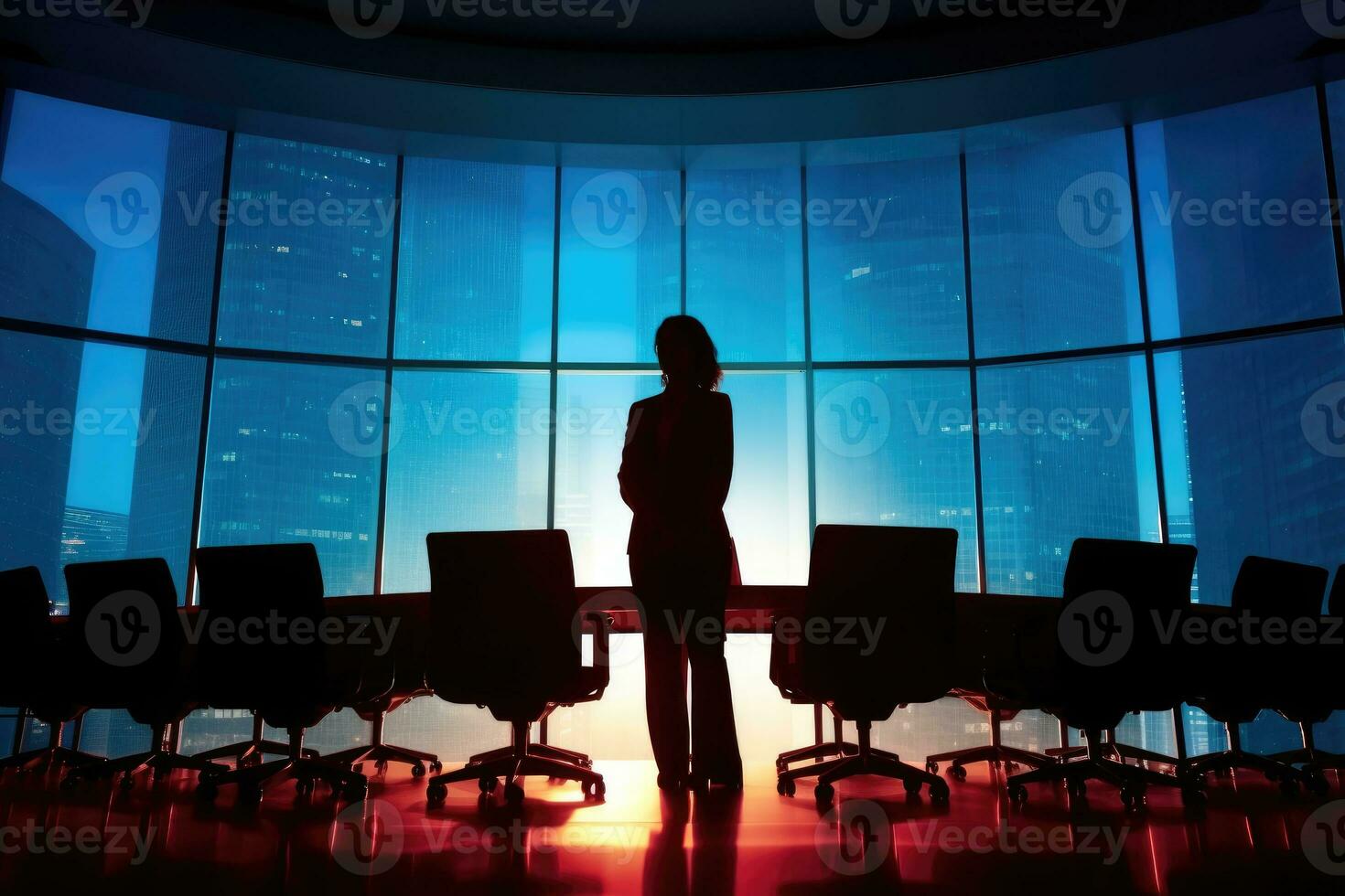 A female CEO stands at the front of a modern conference room, her image reflected on the glossy table. Generative AI photo