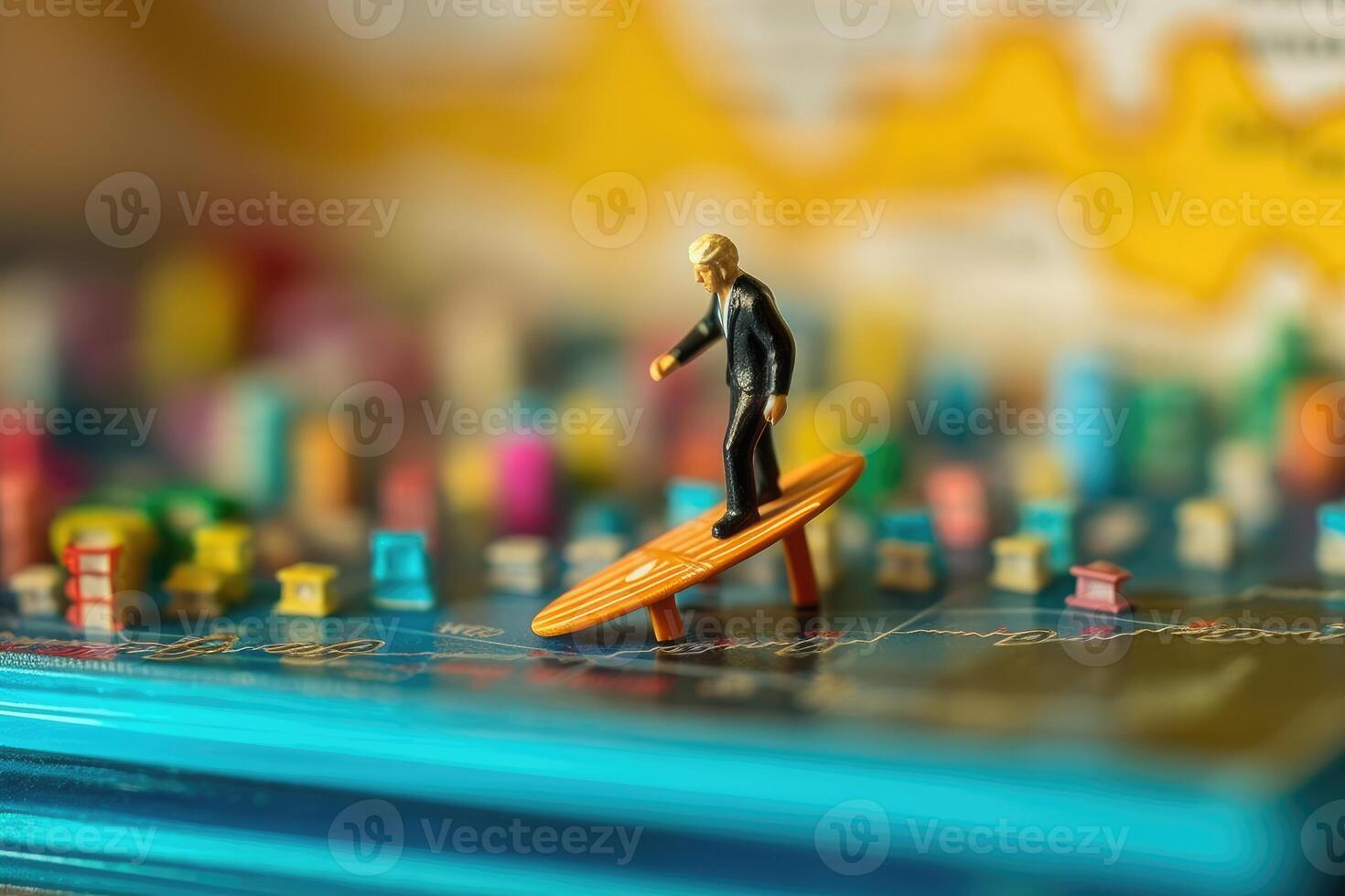 A miniature figurine surfer navigating a sea of fluctuating graphs and charts on a computer screen. photo