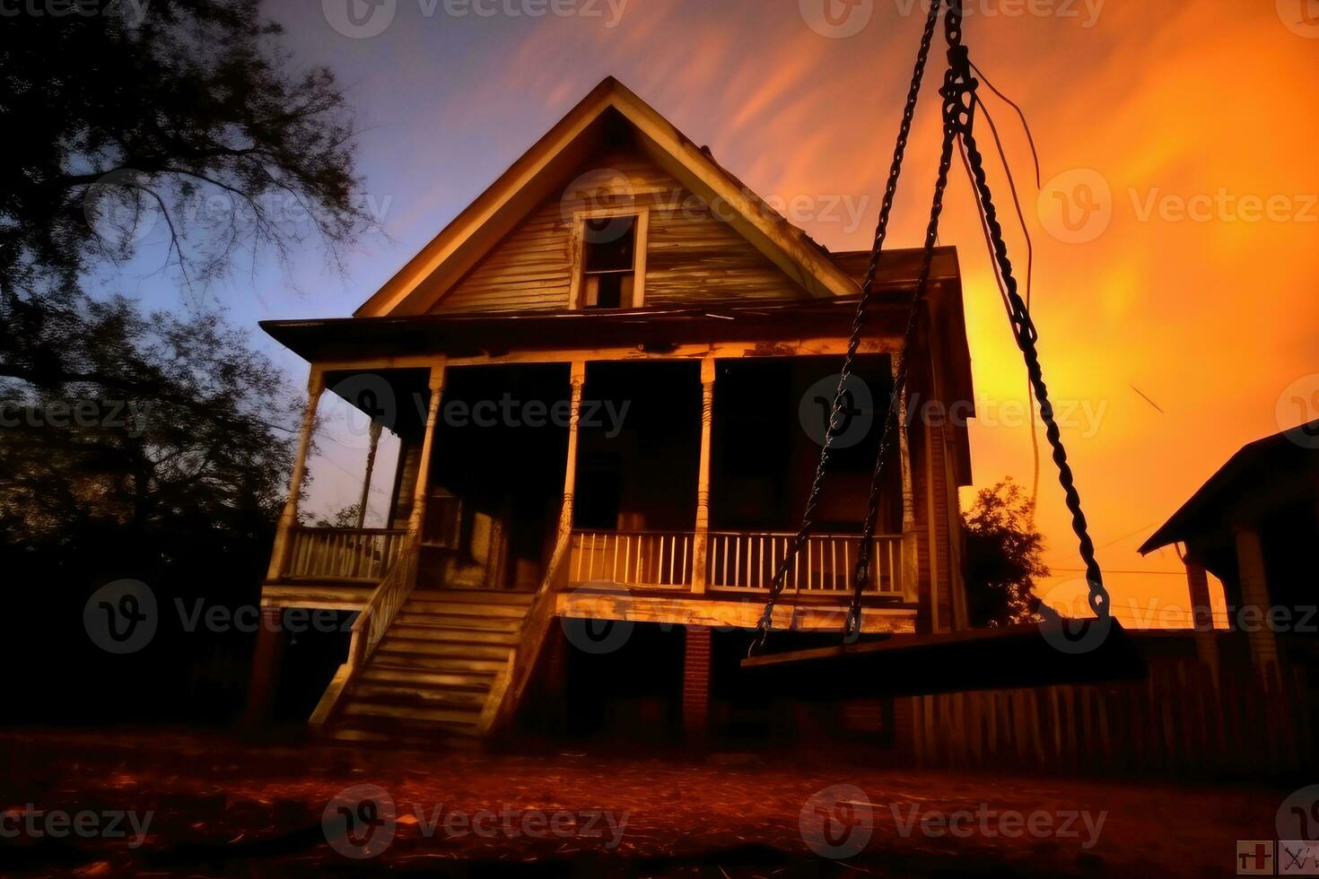 un viejo, de madera columpio balanceo en el viento en frente de un obsesionado casa. generativo ai foto