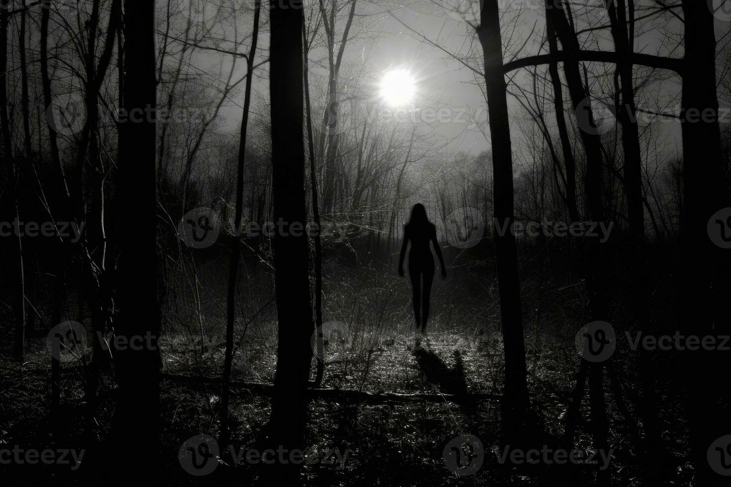 un bruja en pie solo en un bosque claro, silueta en contra un enorme, brillante lleno Luna. generativo ai foto