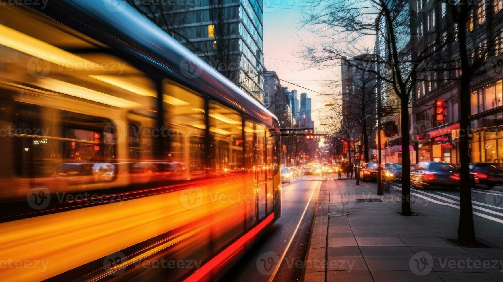 un bajo - ángulo disparo, exhibiendo el constante movimiento y energía de ciudad habitantes y vehículos generativo ai foto