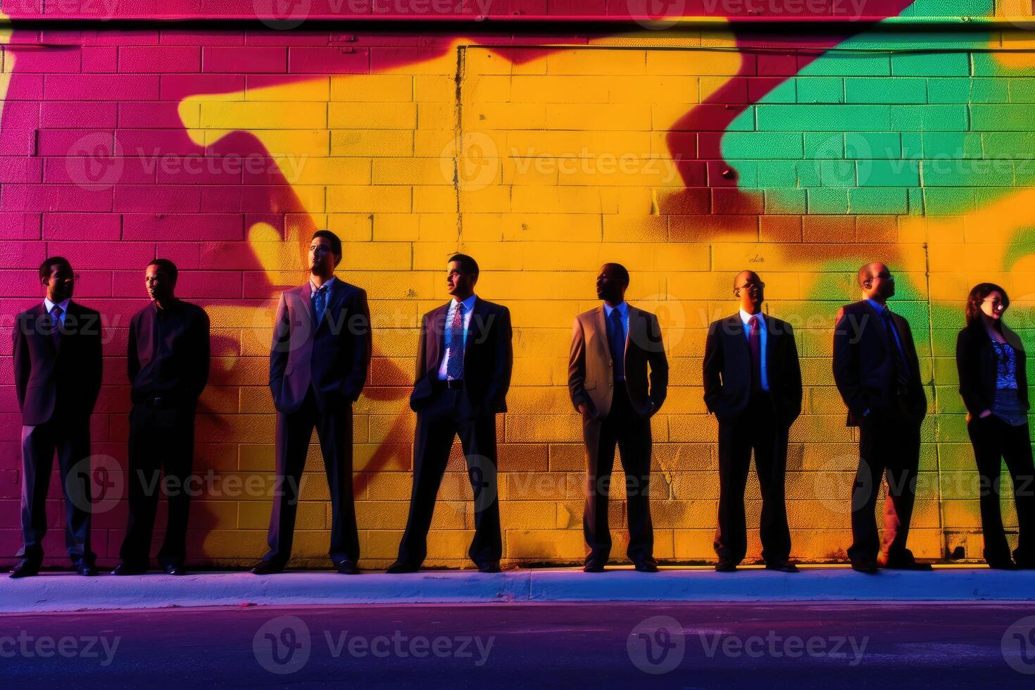 A diverse group of business professionals standing against a vibrant, colorful graffiti wall. photo