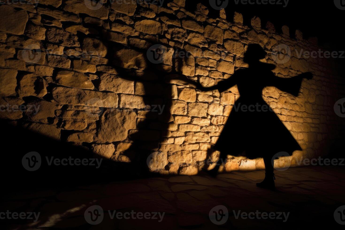 A dramatic image showcasing the silhouette of a witch cast by candlelight onto an old stone wall. Generative AI photo