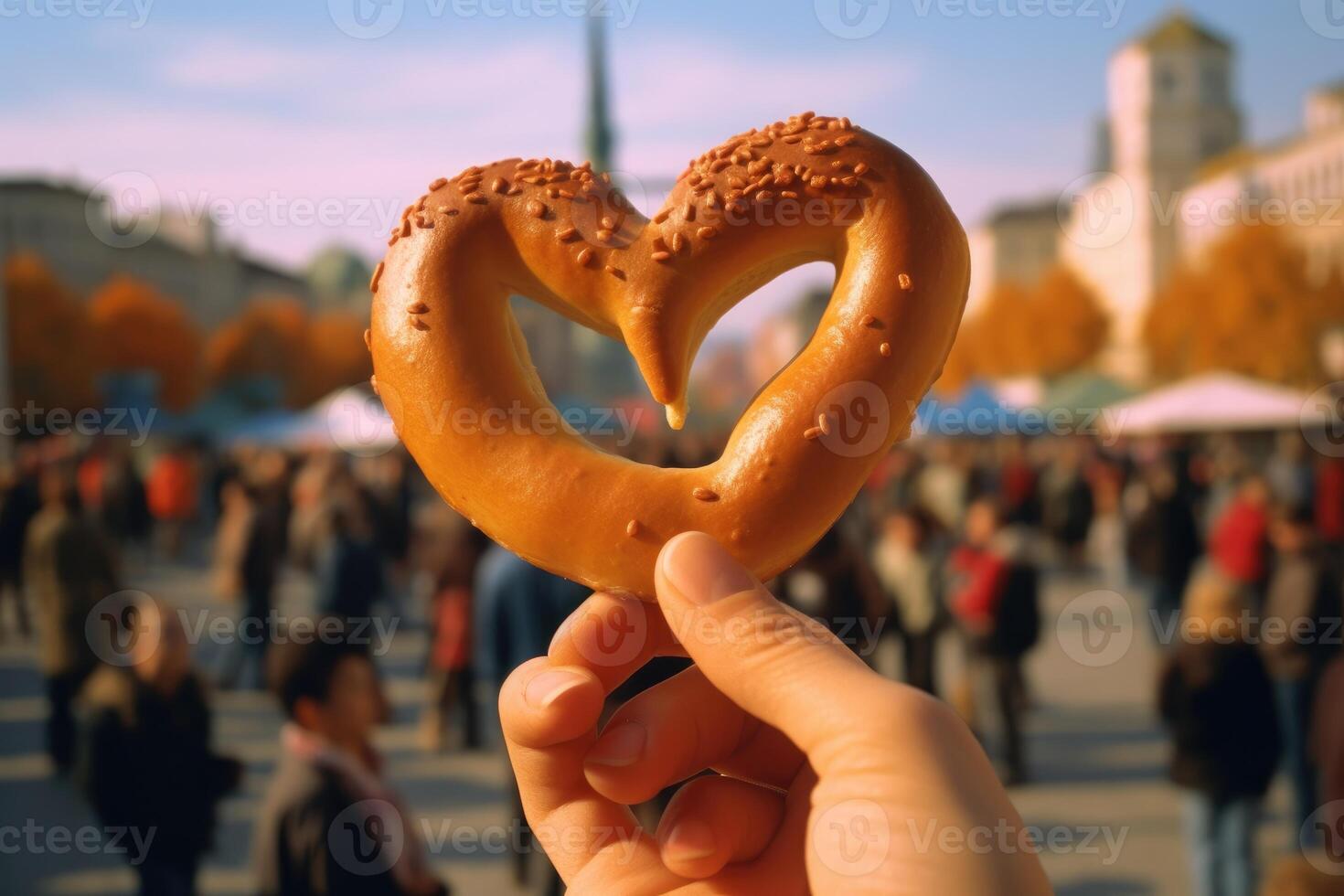 A close - up of a giant pretzel, a staple of Oktoberfest. photo