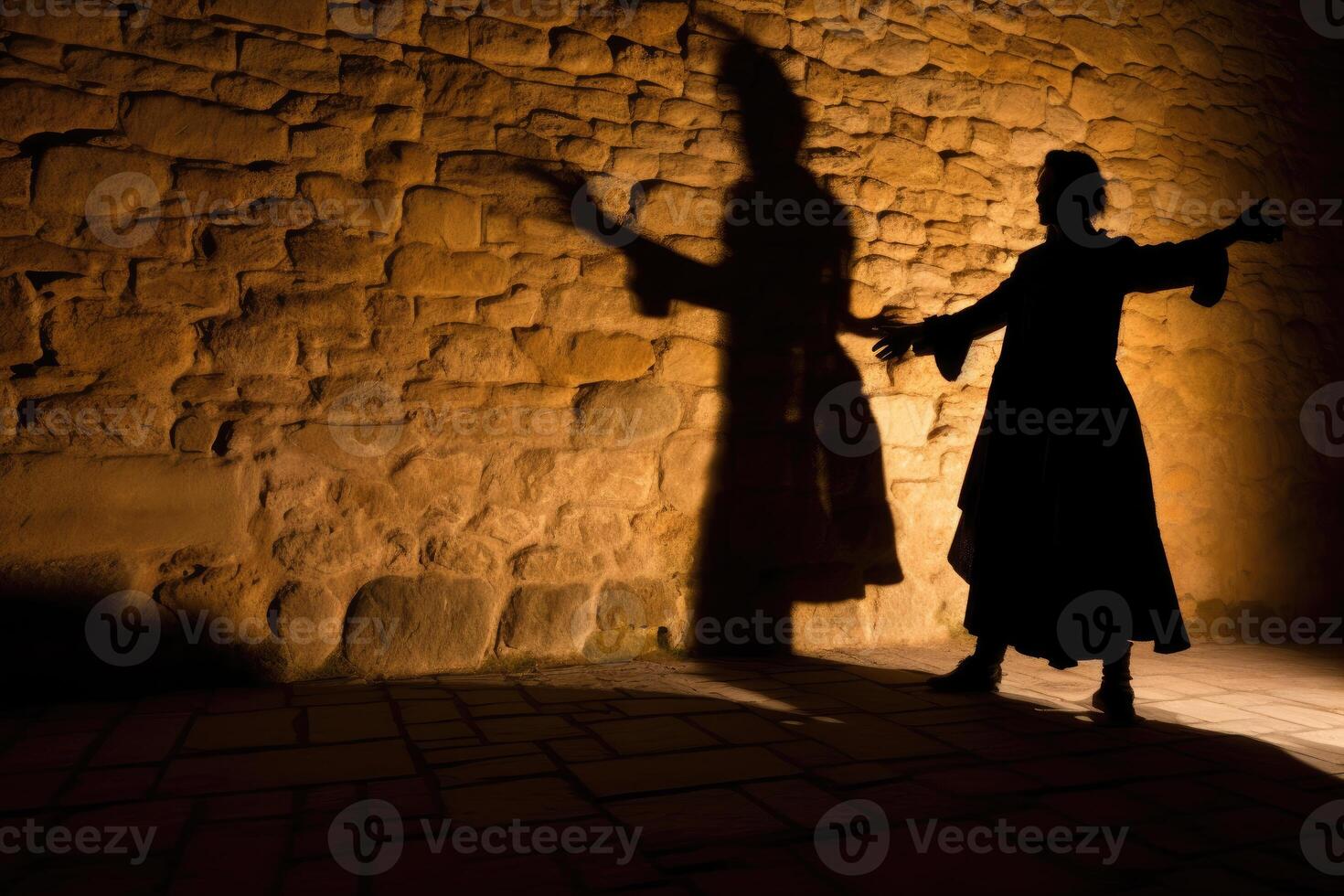 A dramatic image showcasing the silhouette of a witch cast by candlelight onto an old stone wall. photo