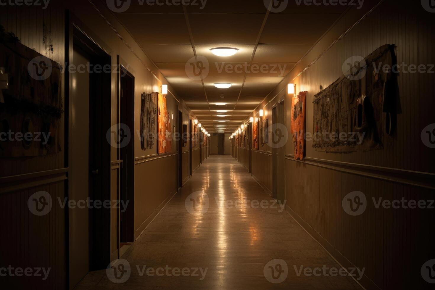 An atmospheric shot of a long, dimly lit hallway adorned with vintage Halloween decorations. photo