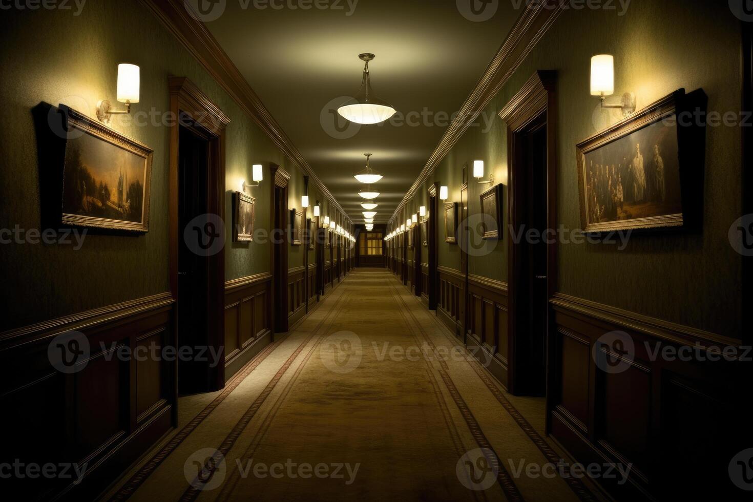 An atmospheric shot of a long, dimly lit hallway adorned with vintage Halloween decorations. photo