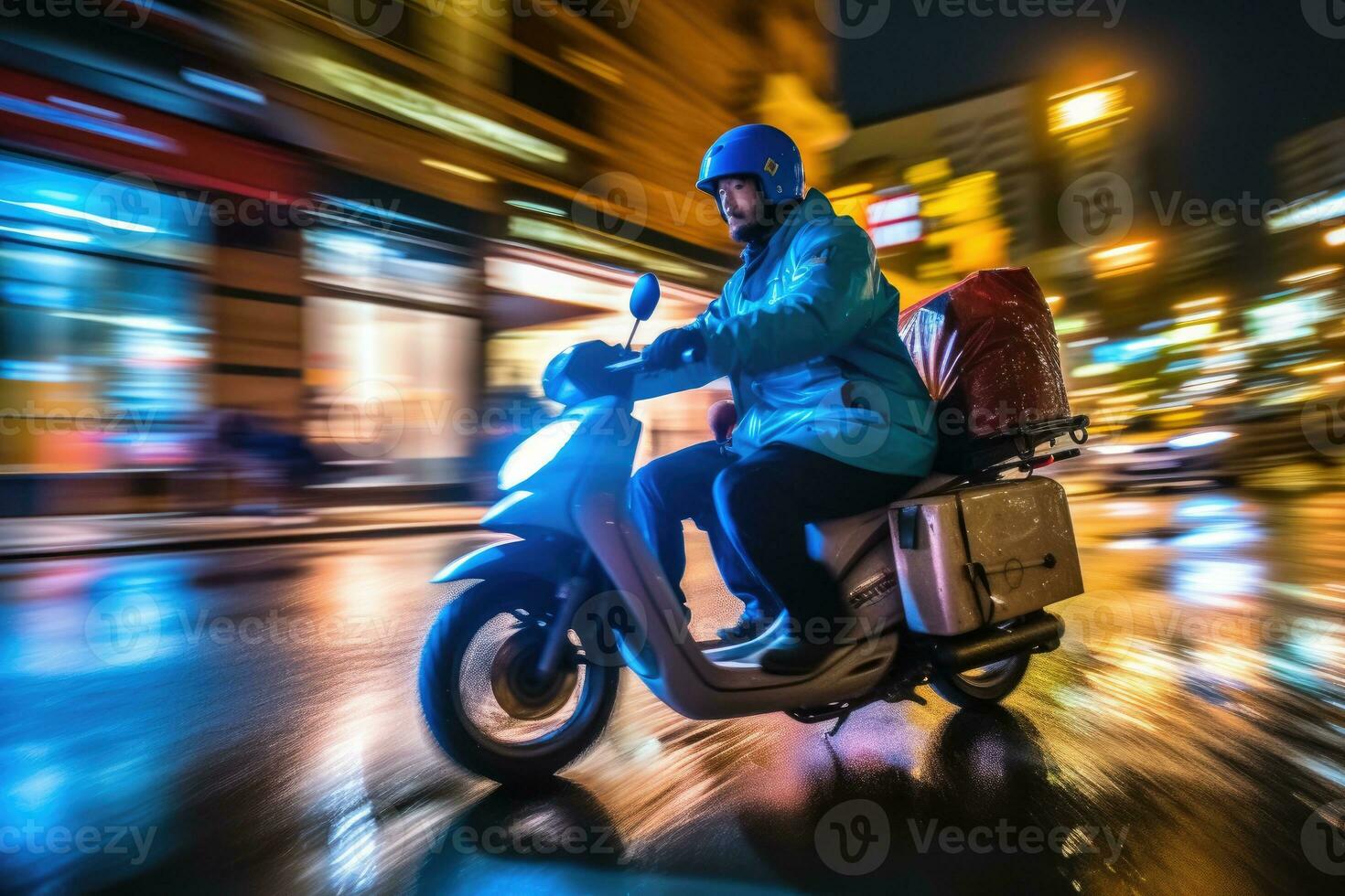 Close - up image, a delivery man is riding his scooter motorcycle through the city streets at night. Generative AI photo
