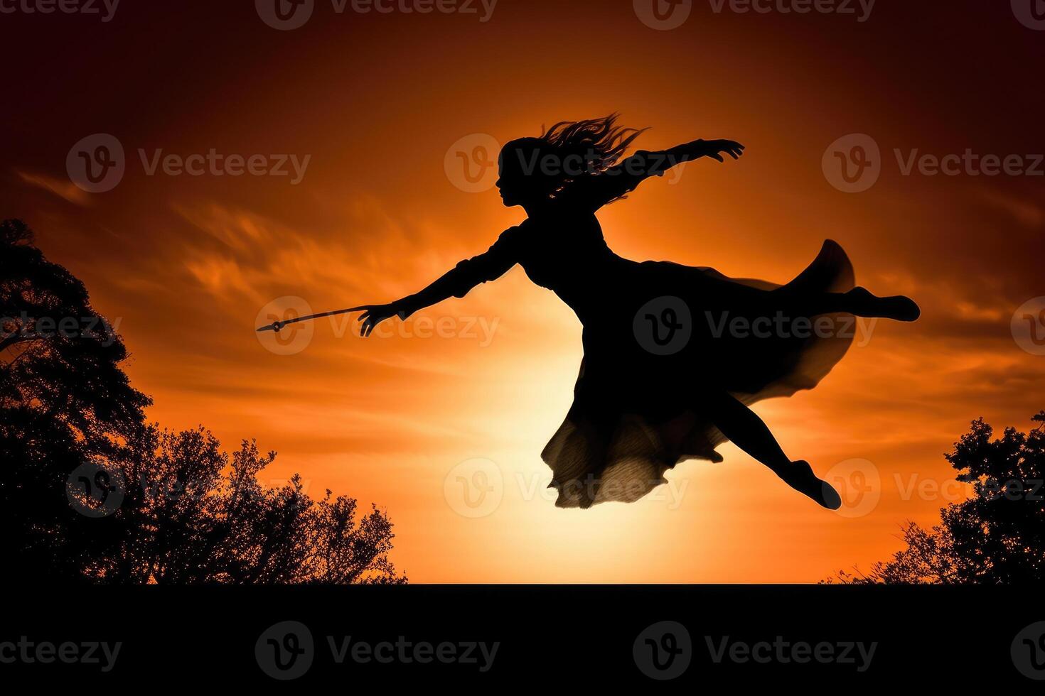 A daring silhouette shot of a witch against the backdrop of a massive, glowing moon. photo