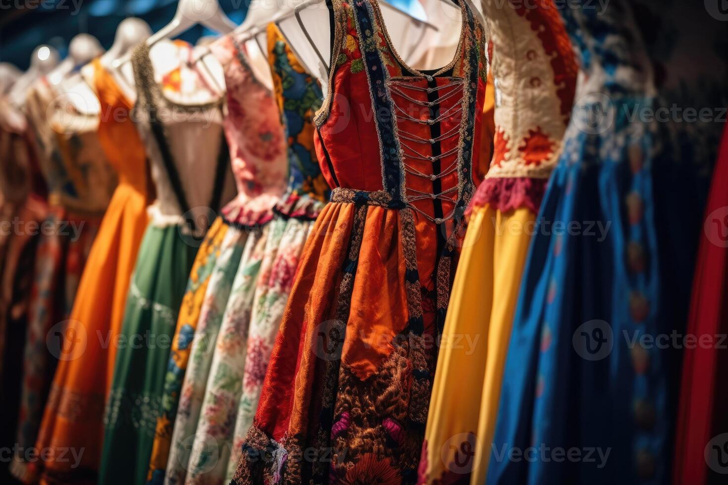 A close - up photo of a group of traditional Oktoberfest dirndl dresses, showcasing their vibrant colors and intricate details. Generative AI