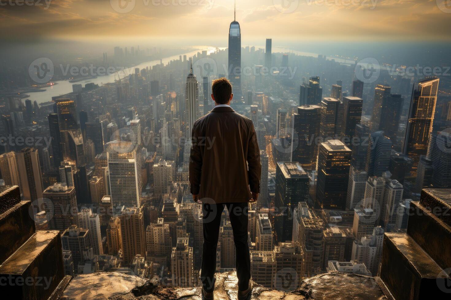 A businessman standing alone on the rooftop of a skyscraper, his back turned to the camera as he overlooks the city. photo