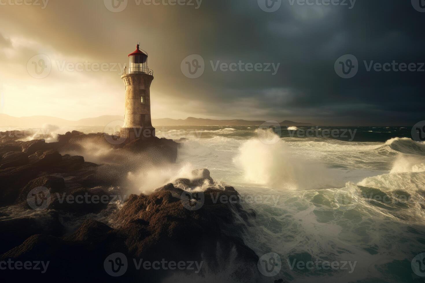 A solitary lighthouse stands against the backdrop of a stormy sea. photo