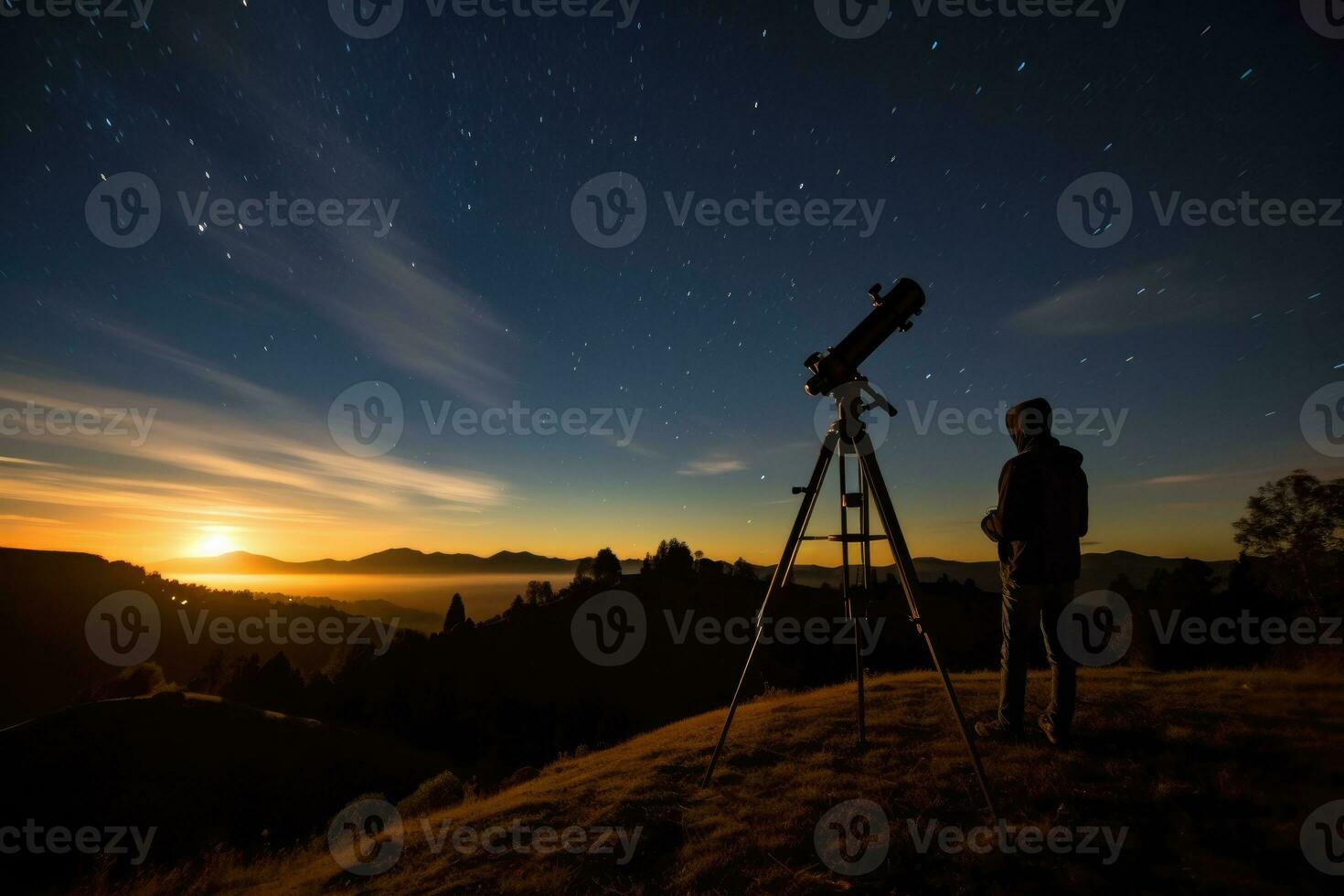 A stargazer perches on a hill, his telescope pointed towards the night sky's celestial bodies. Generative AI photo