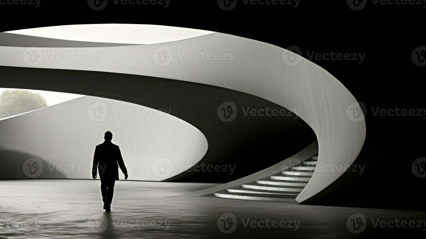 Abstract shot, man walking on a Moebius strip. Generative AI photo