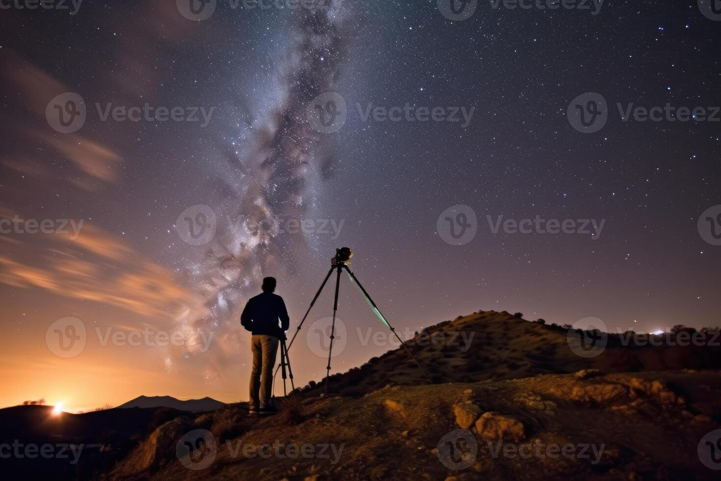 A stargazer perches on a hill, his telescope pointed towards the night sky's celestial bodies. photo