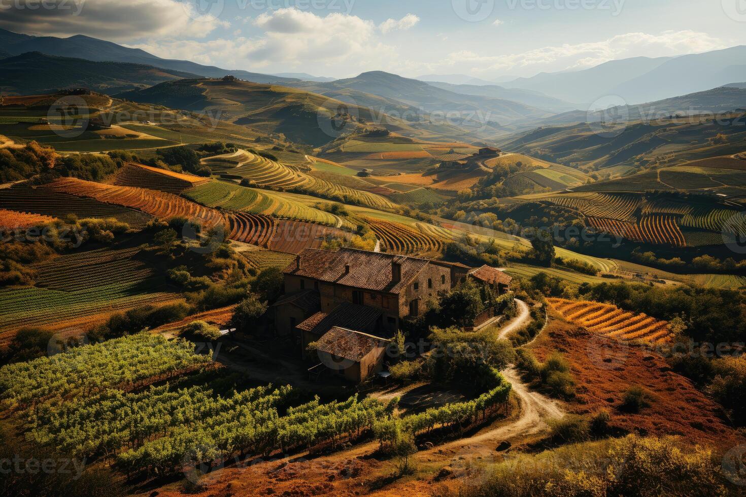 A Tuscan vineyard from above during harvest season. photo