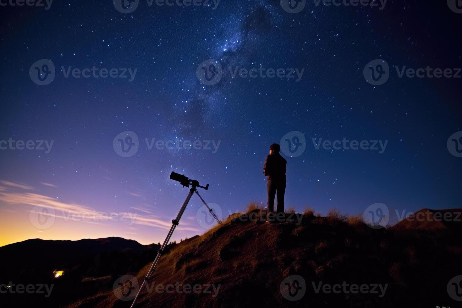 A stargazer perches on a hill, his telescope pointed towards the night sky's celestial bodies. Generative AI photo