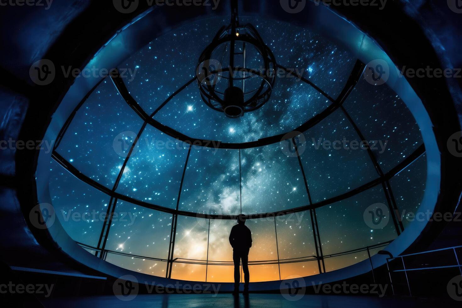 At a high - tech observatory, an astronomer peers through a giant telescope into the star - studded sky. Generative AI photo