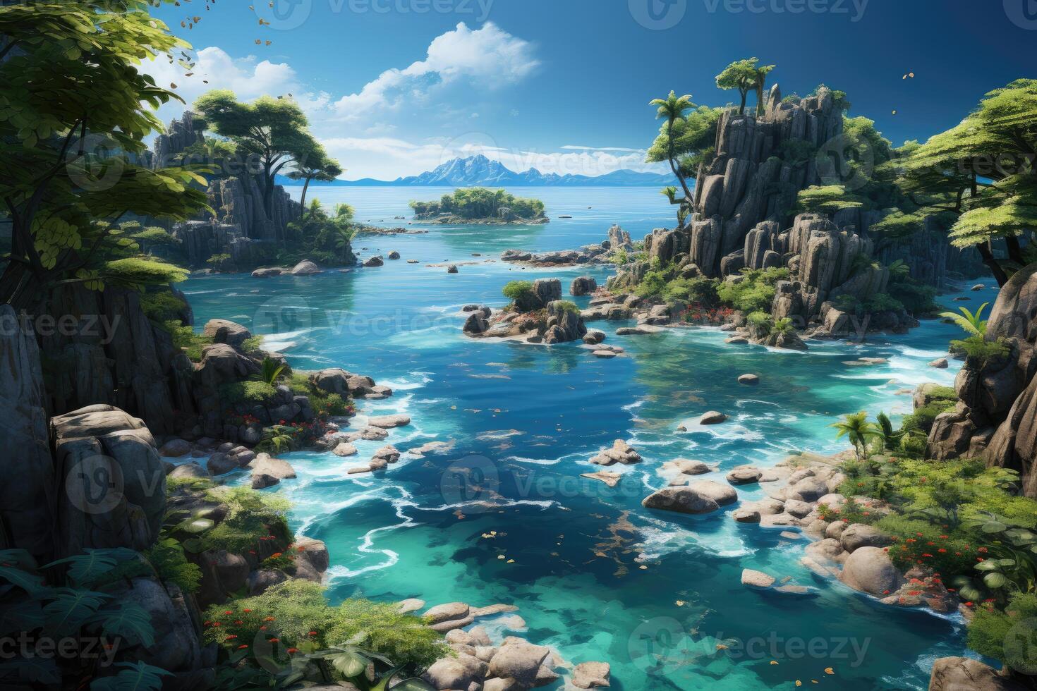 Aerial shot, lush tropical island surrounded by crystal - clear waters. photo
