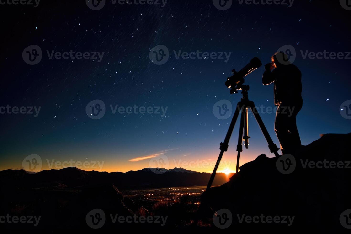 A stargazer perches on a hill, his telescope pointed towards the night sky's celestial bodies. Generative AI photo