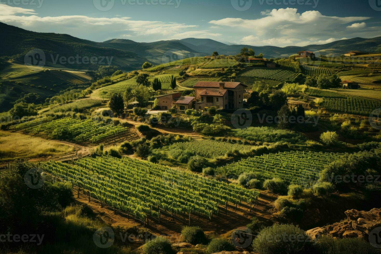 A Tuscan vineyard from above during harvest season. Generative AI photo