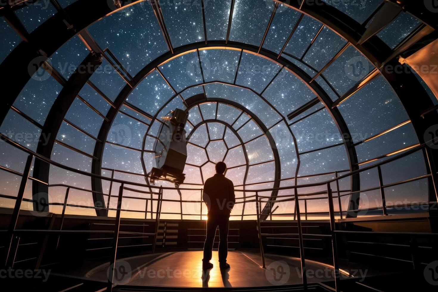 At a high - tech observatory, an astronomer peers through a giant telescope into the star - studded sky. photo