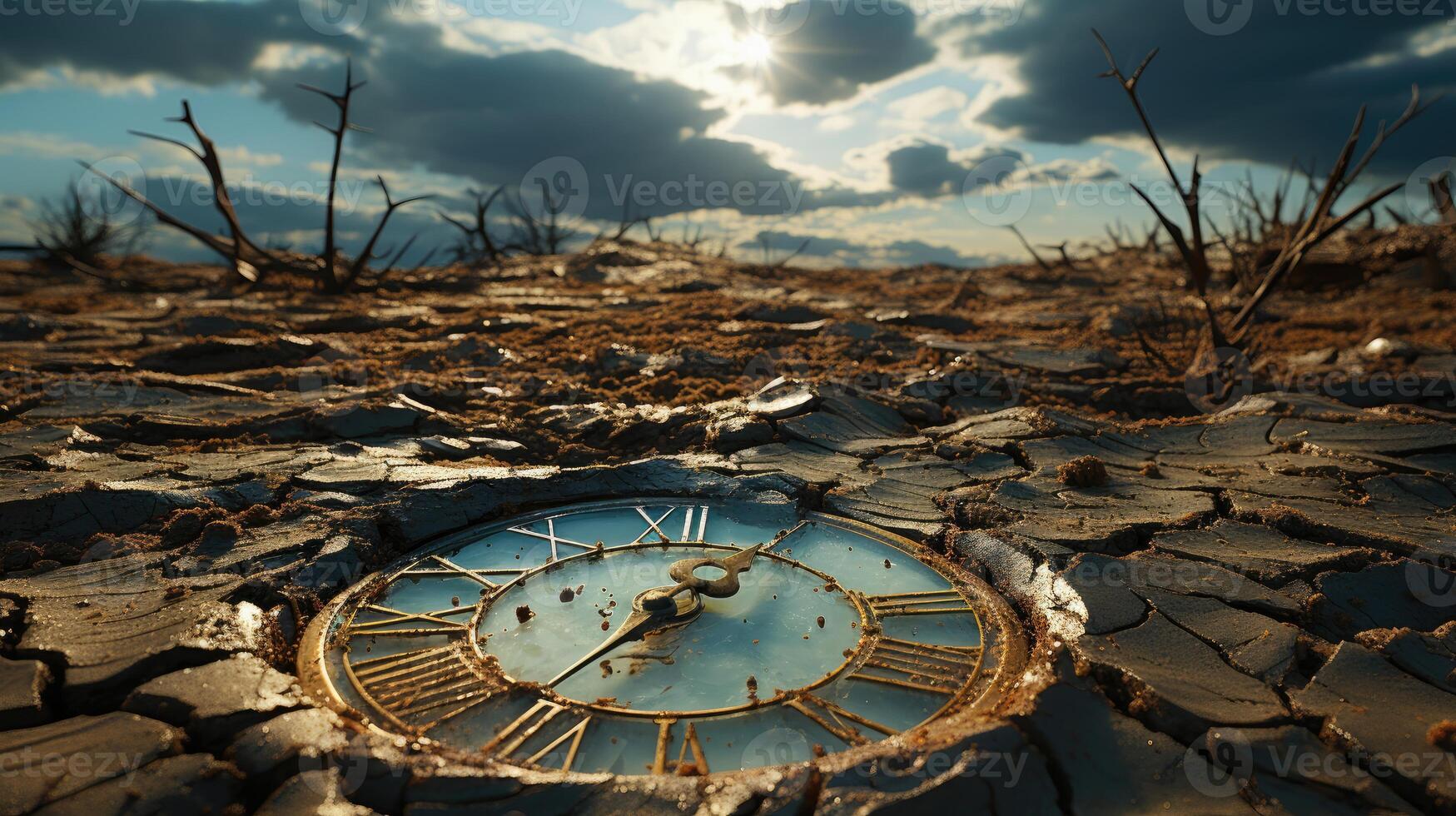 Clock melting over a barren desert landscape. photo