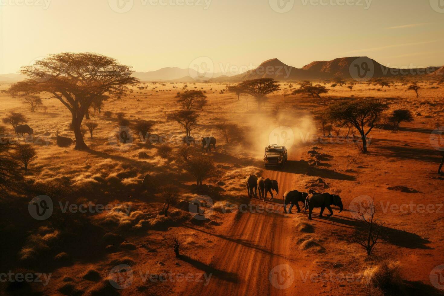 A drone's view of elephants migrating across the African savannah. Generative AI photo