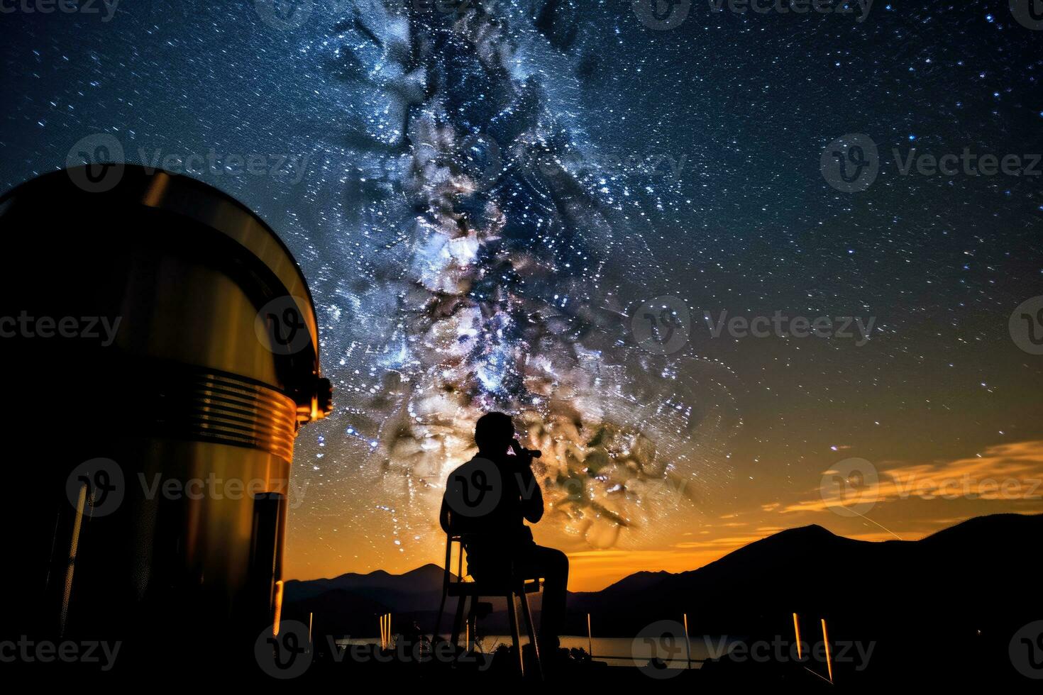 An astrophysicist gazes through a large telescope under the clear night sky. Generative AI photo