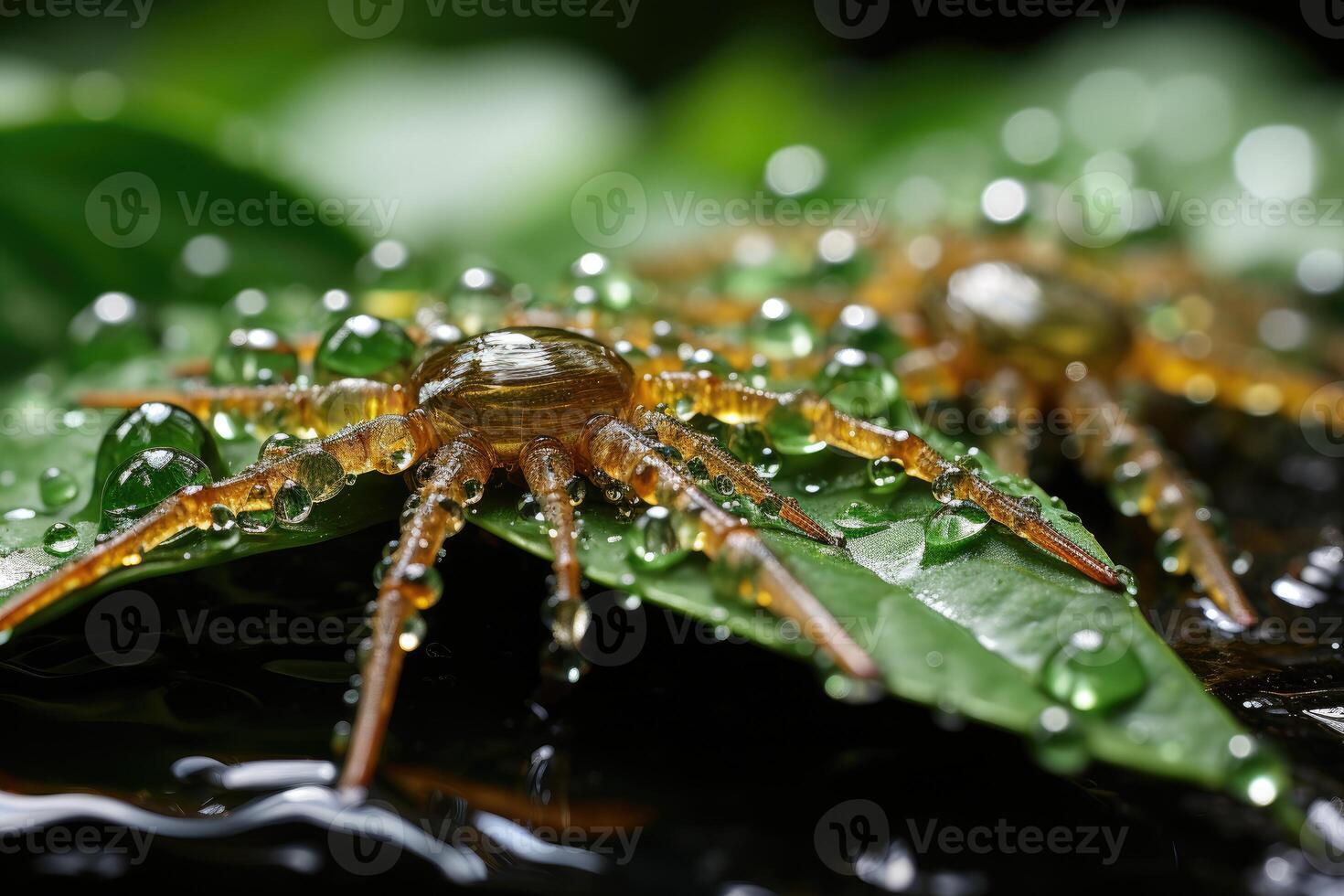 Dewdrops sparkling on a spider web in early morning sunlight. Generative A photo