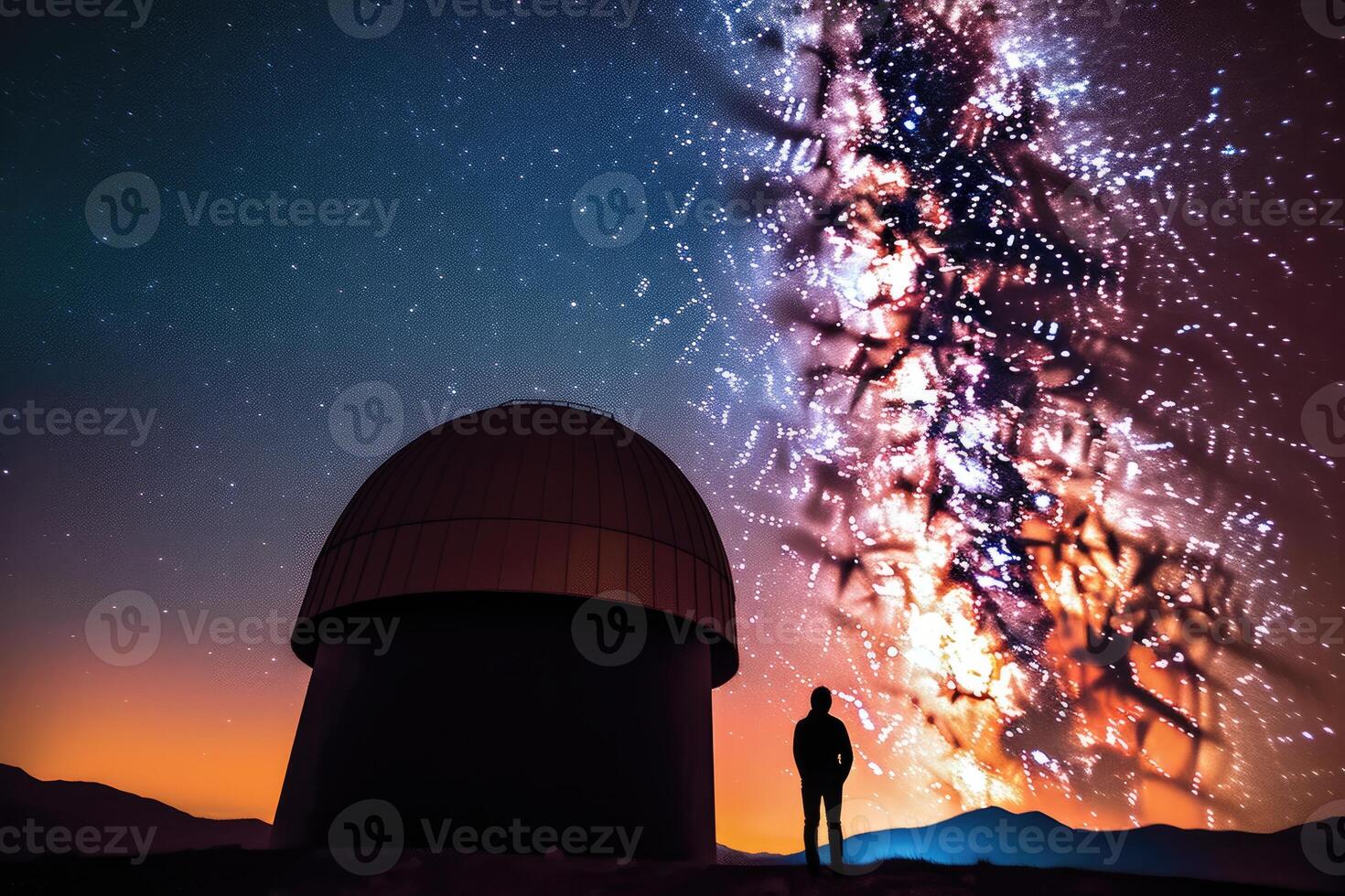 An astrophysicist gazes through a large telescope under the clear night sky. Generative AI photo