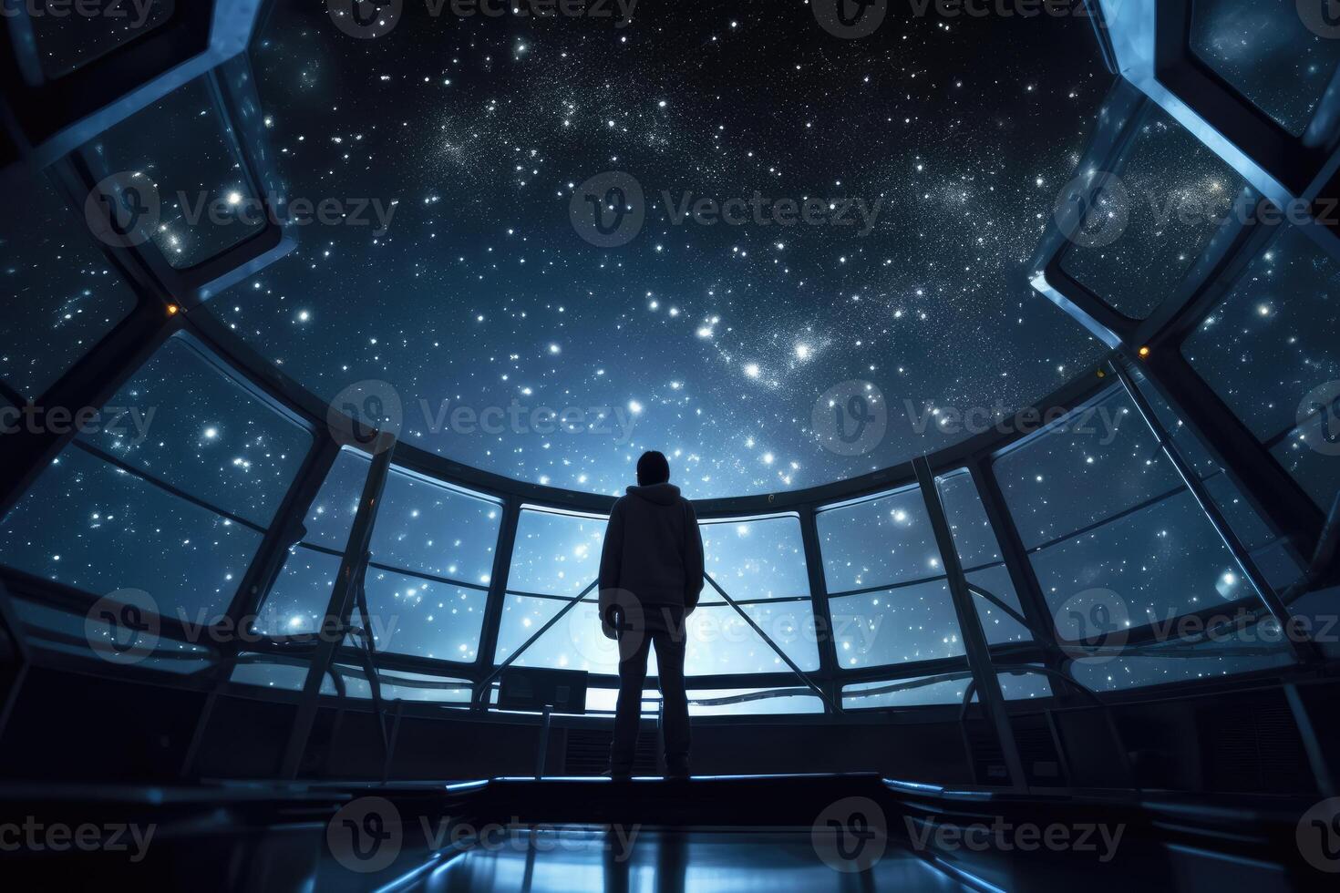 At a high - tech observatory, an astronomer peers through a giant telescope into the star - studded sky. photo