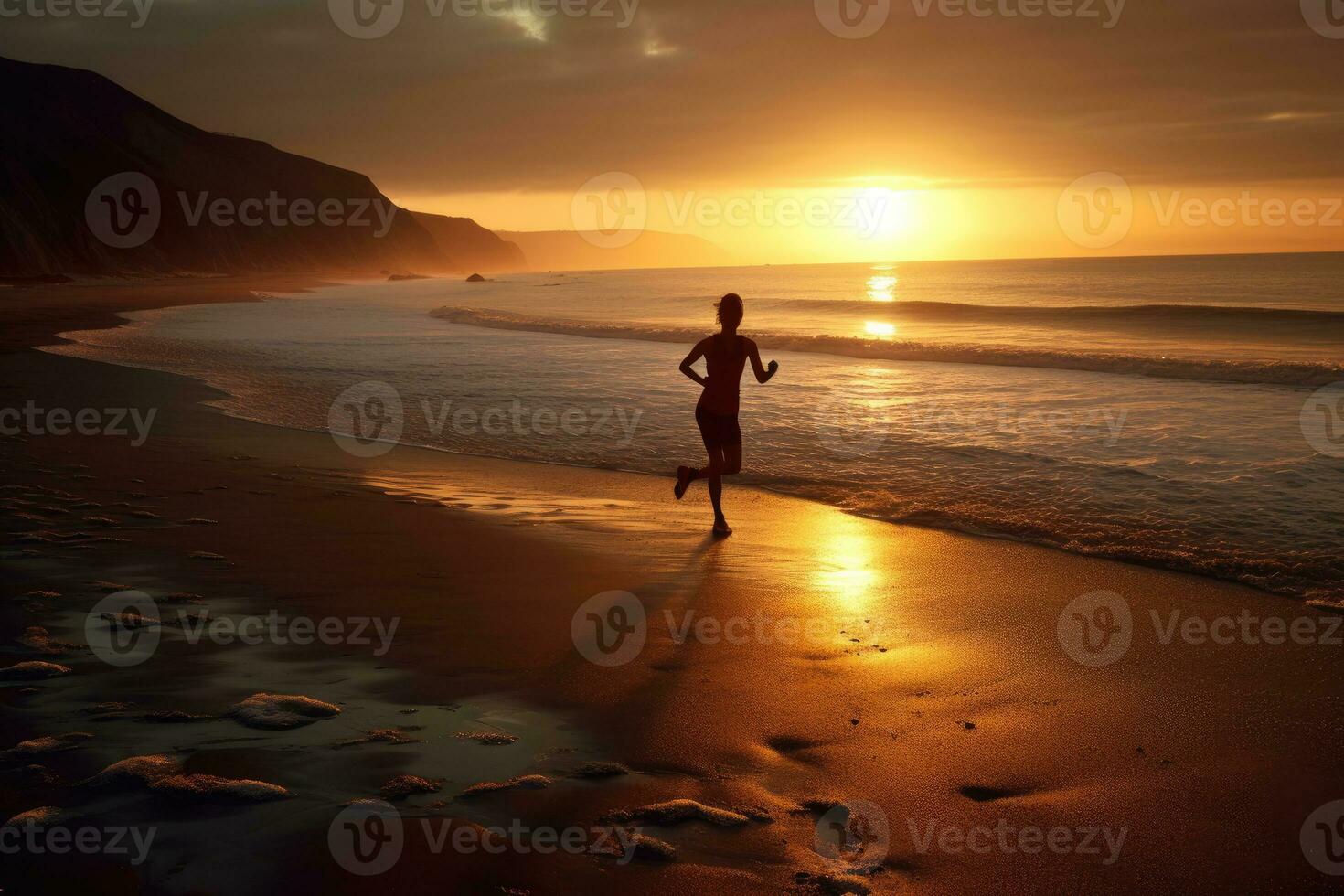 un atleta, corriendo en un aislado playa a el descanso de amanecer. generativo ai foto