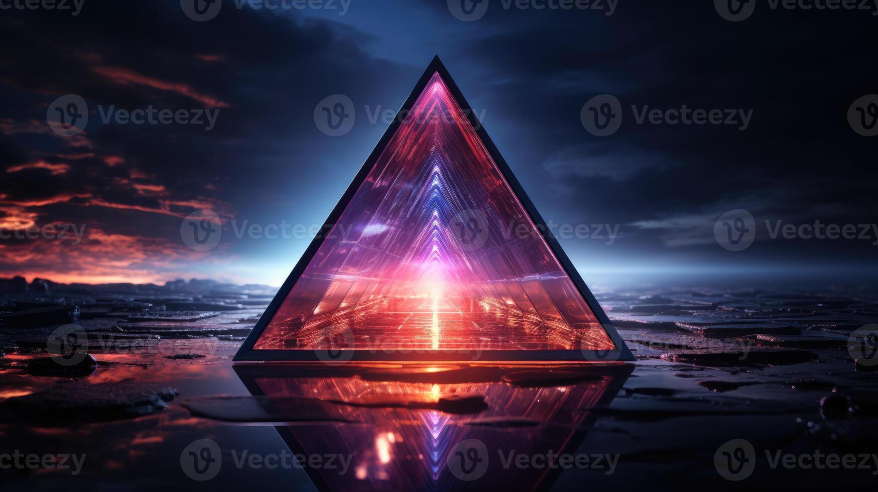 Single neon tetrahedron in a dark room. photo