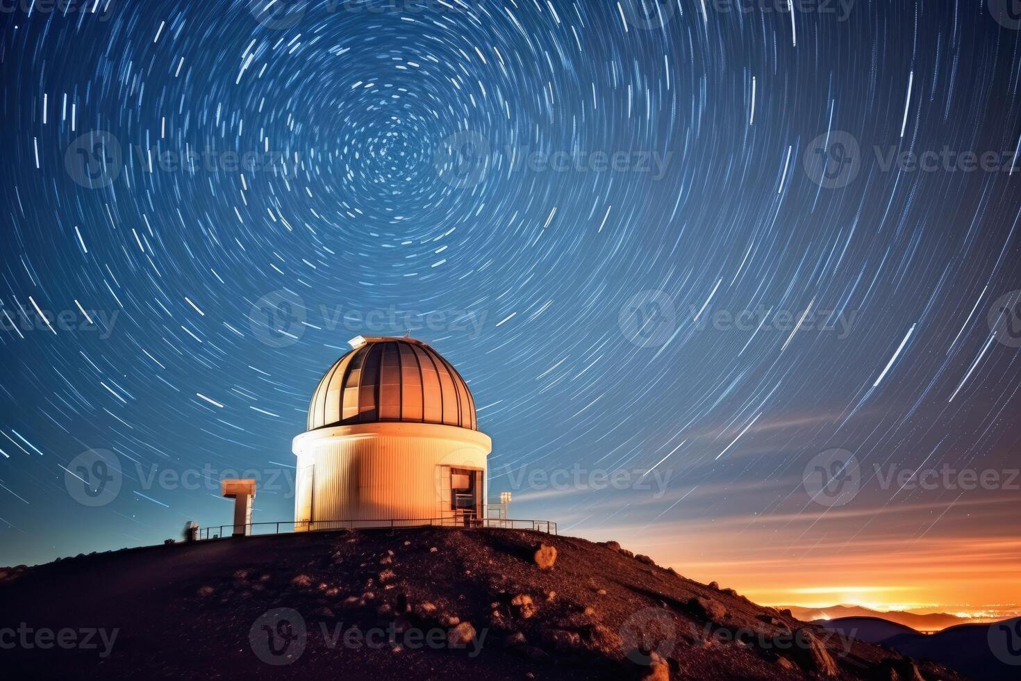 High in the mountains, an observatory dome stands against a starry night sky. Generative AI photo