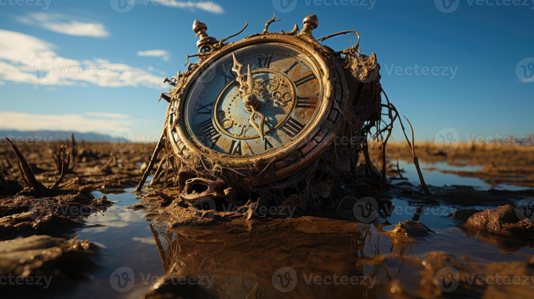 Clock melting over a barren desert landscape. photo