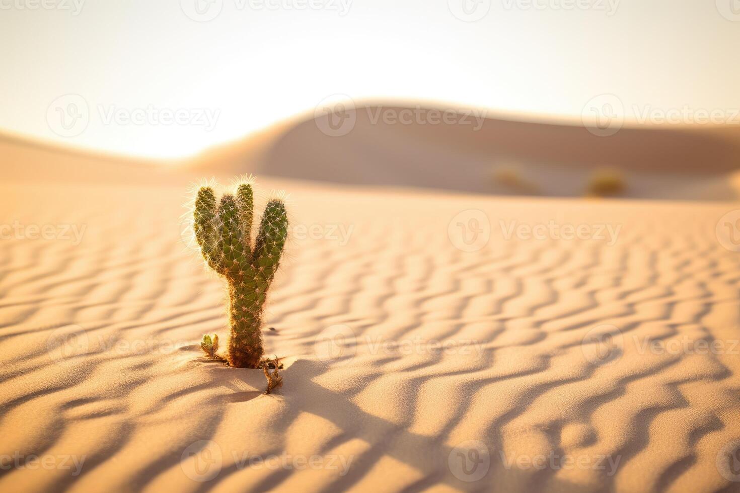 In the harsh desert under a burning sun, a lone cactus stands tall. photo
