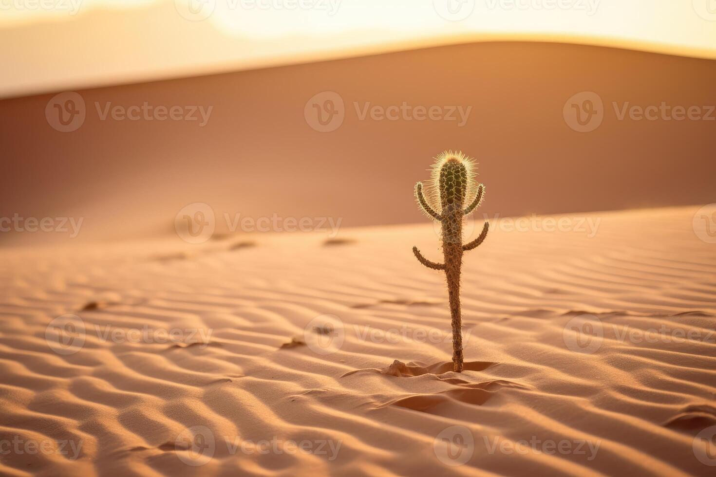 In the harsh desert under a burning sun, a lone cactus stands tall. Generative AI photo