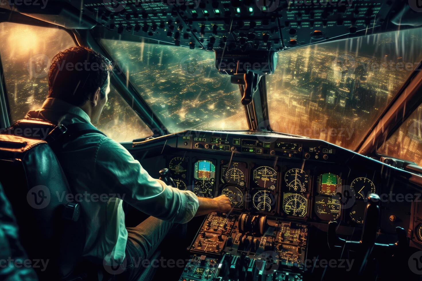 In the high - tech cockpit of an airplane, a pilot expertly navigates through a storm. photo