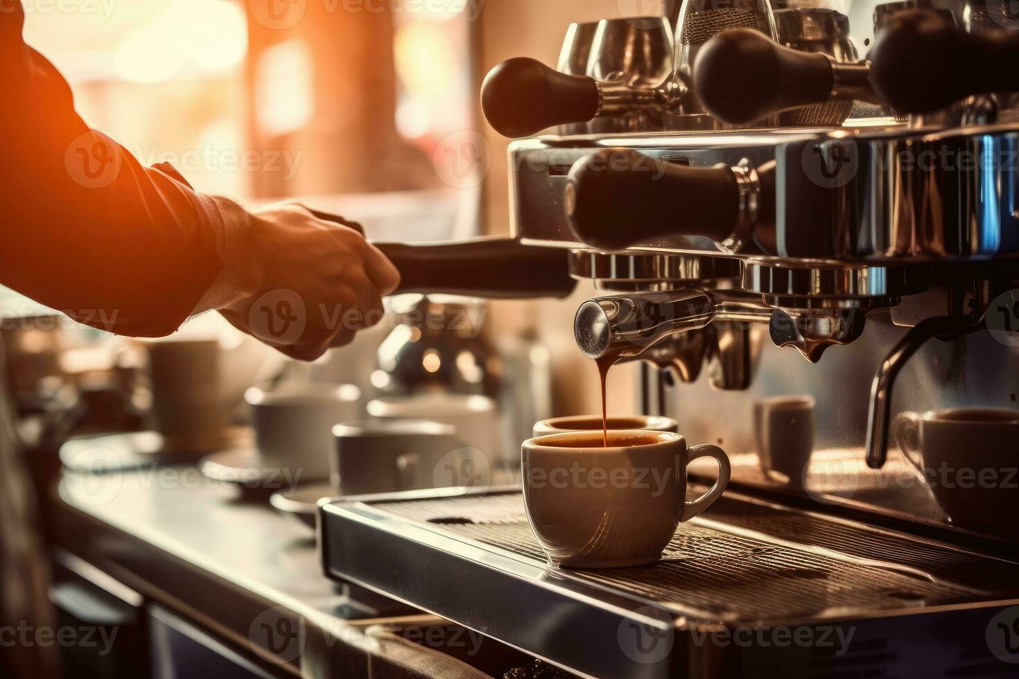 un barista prepara un capuchino, con vapor desde el Café exprés