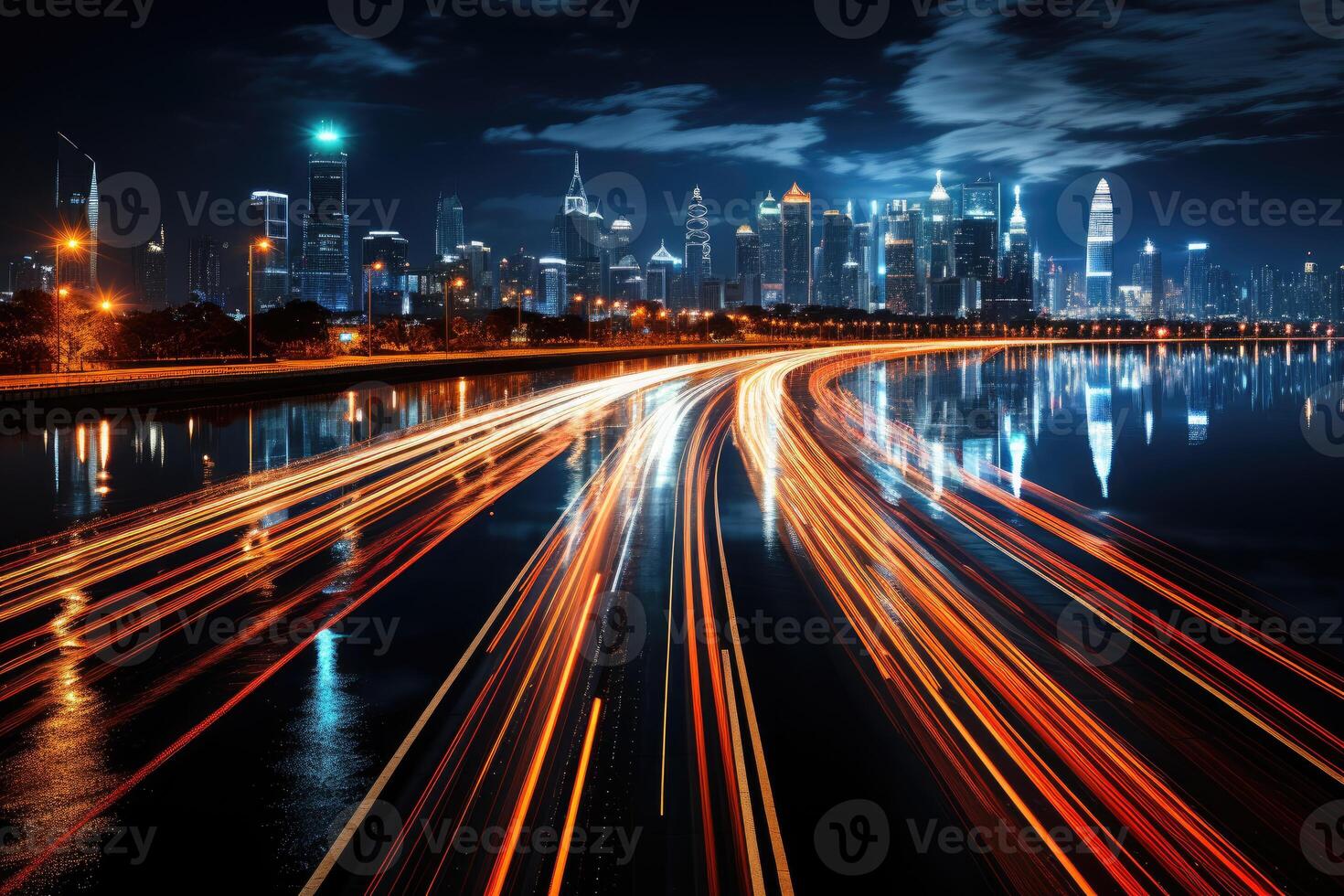 A busy highway at night, trails of light from the moving vehicles creating a dynamic pattern. photo