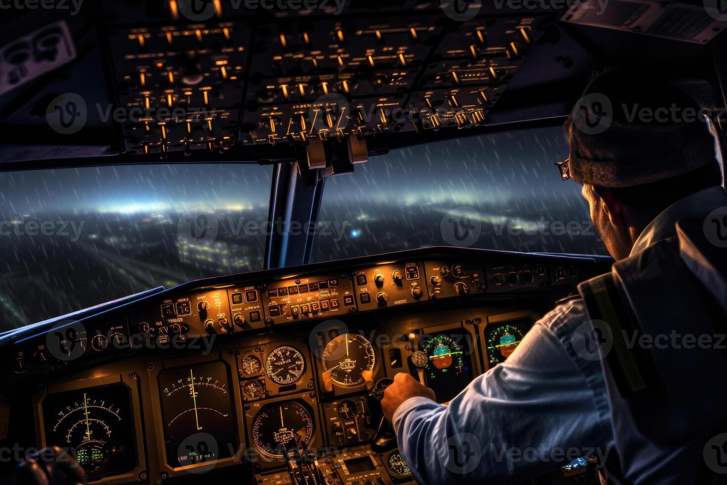 In the high - tech cockpit of an airplane, a pilot expertly navigates through a storm. photo