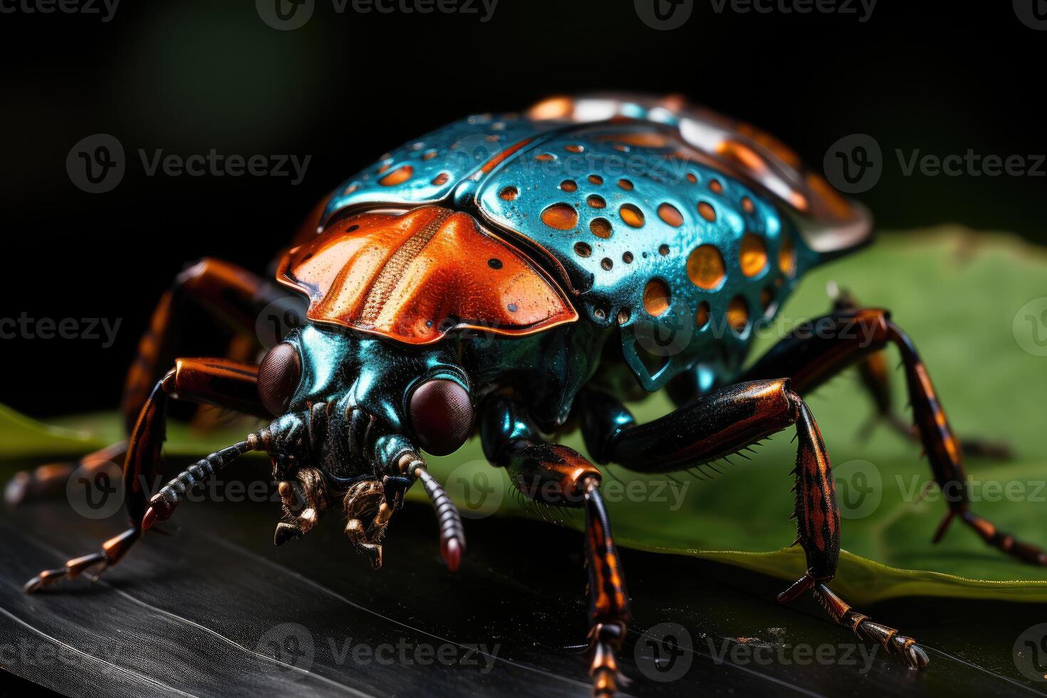 Macro shot of an exotic insect on a leaf, the intricate patterns on its body and the fine details. photo