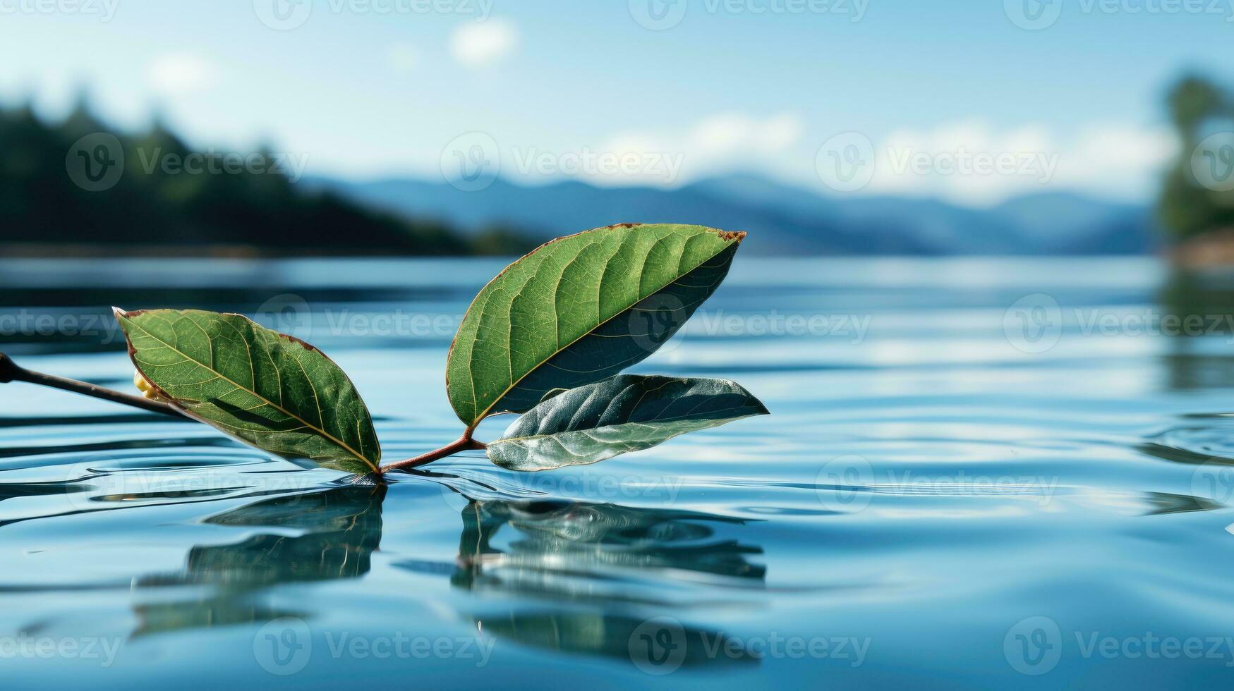 A single leaf floating on a perfectly still water surface. Generative AI photo